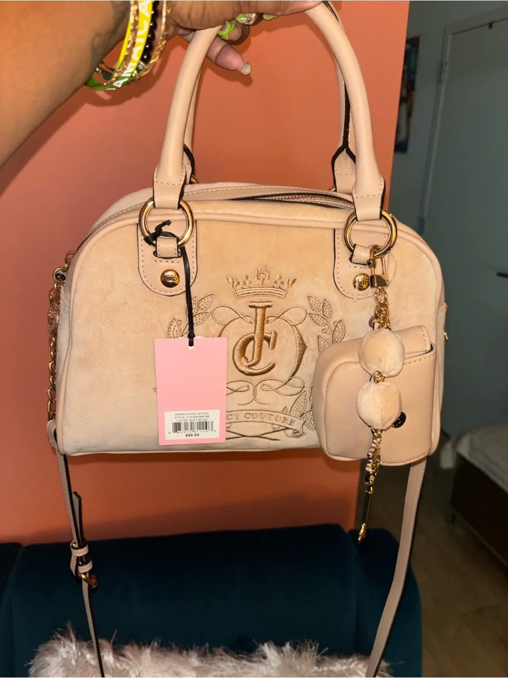 Juicy Couture Blush Beige Suede Satchel with Embossed Logo